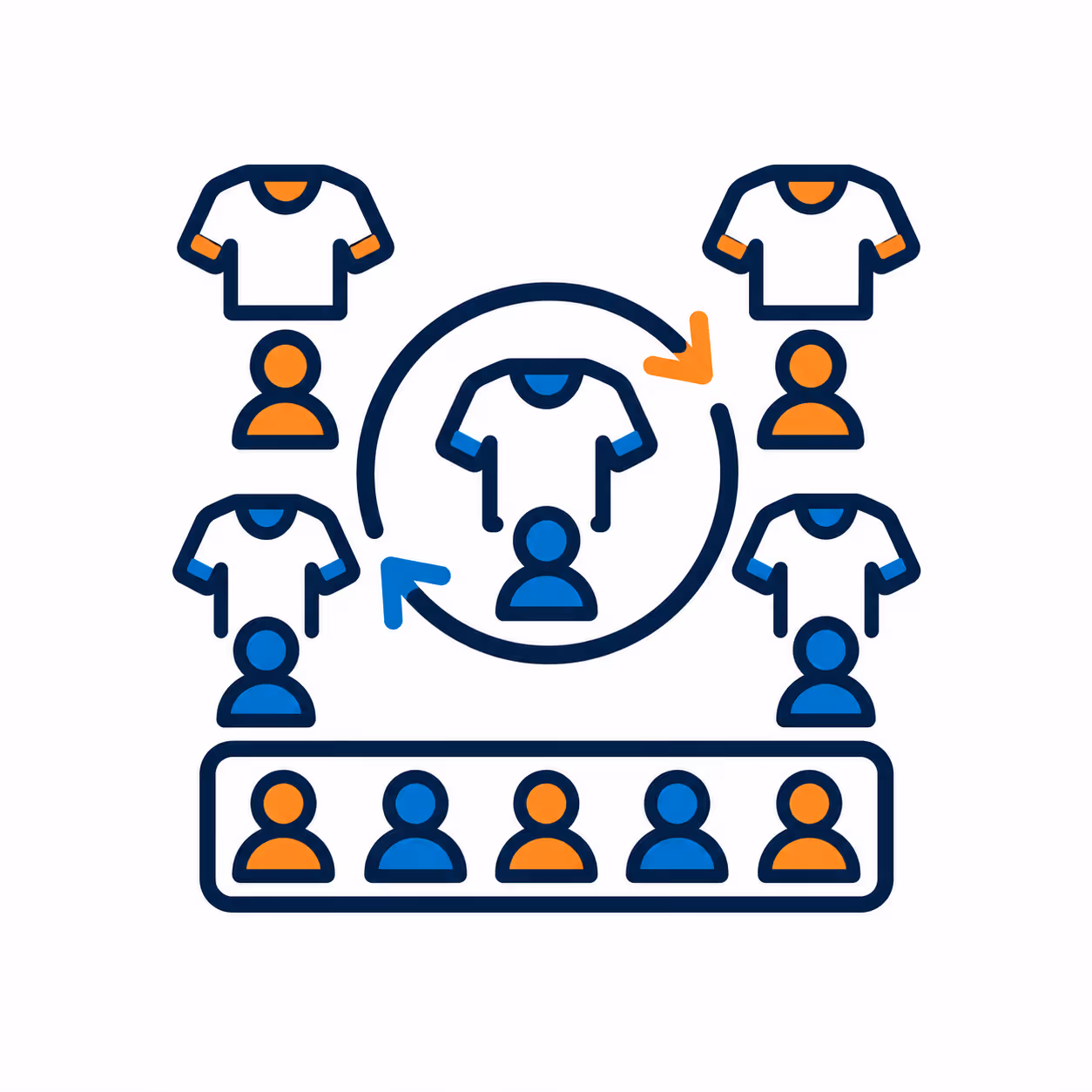 Illustration showing user groups and team collaboration with blue and orange figures and arrows around them.