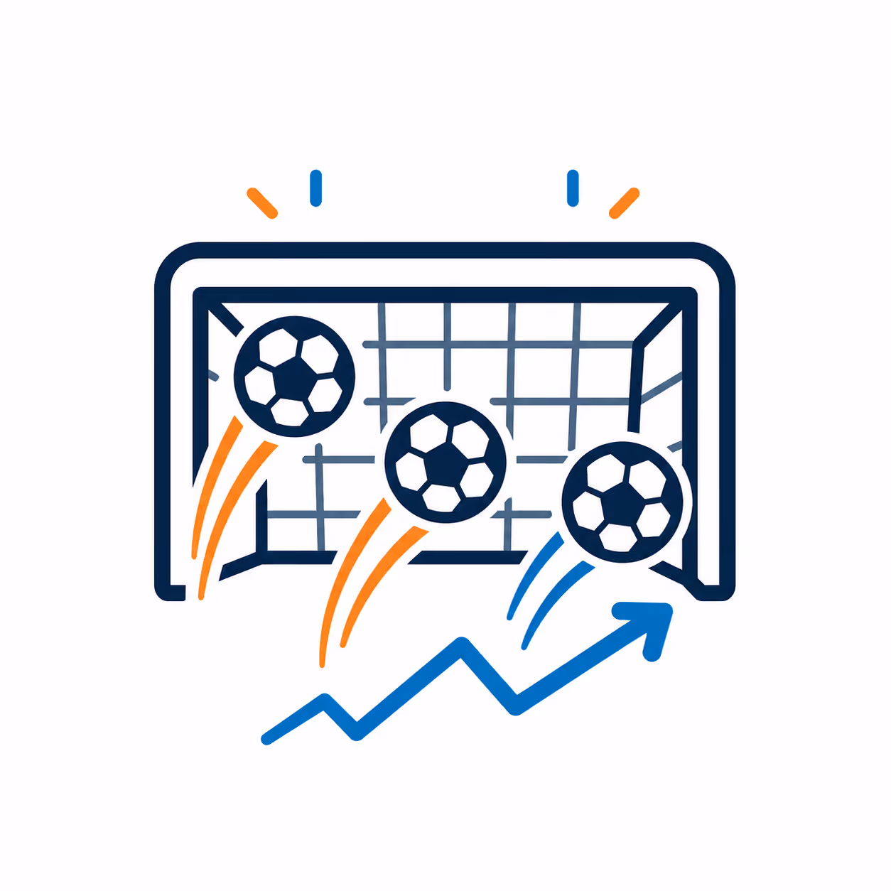 Three soccer balls entering a goal, with an upward trending arrow indicating growth or success.