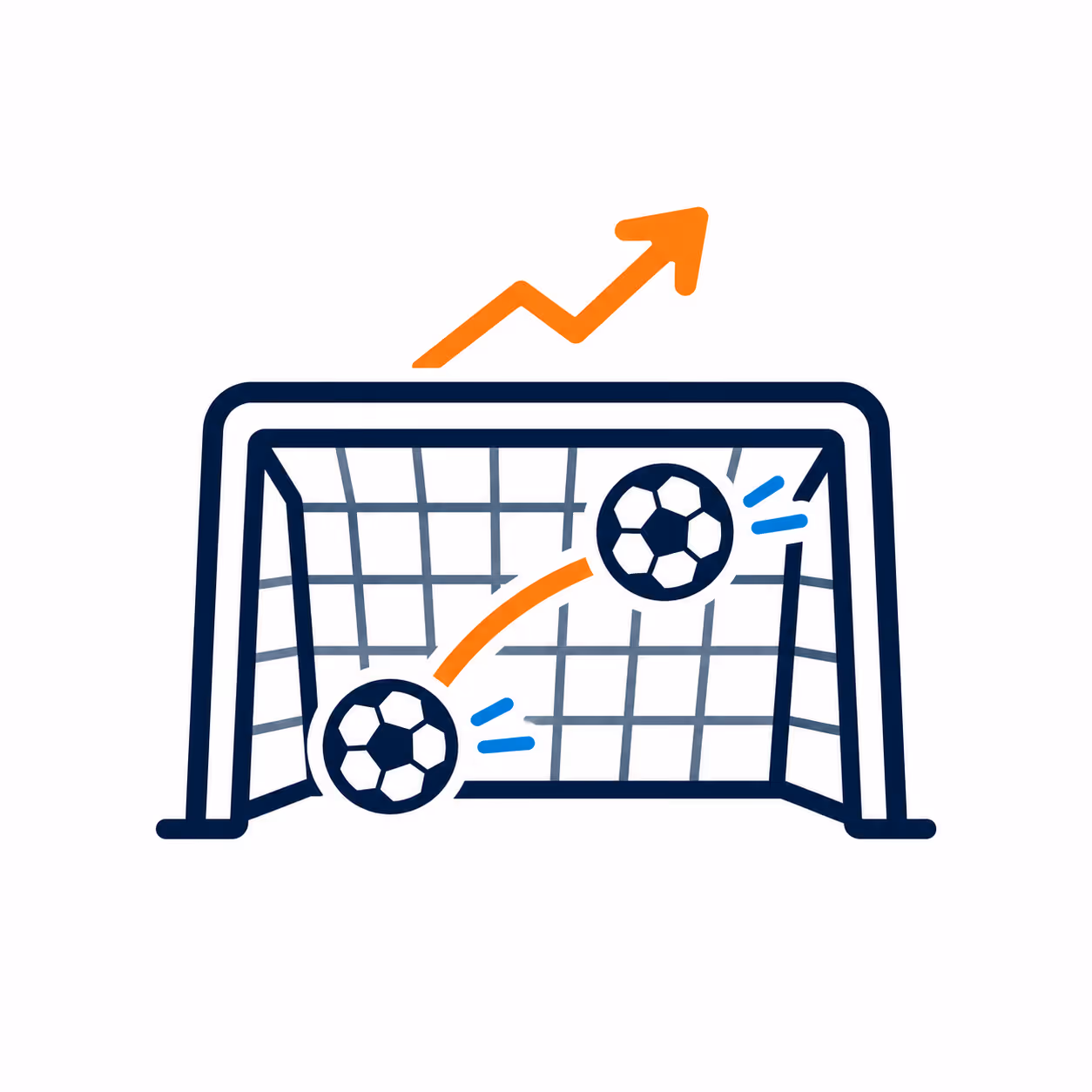 Soccer balls inside and bouncing off a goal with an upward arrow showing growth or success.