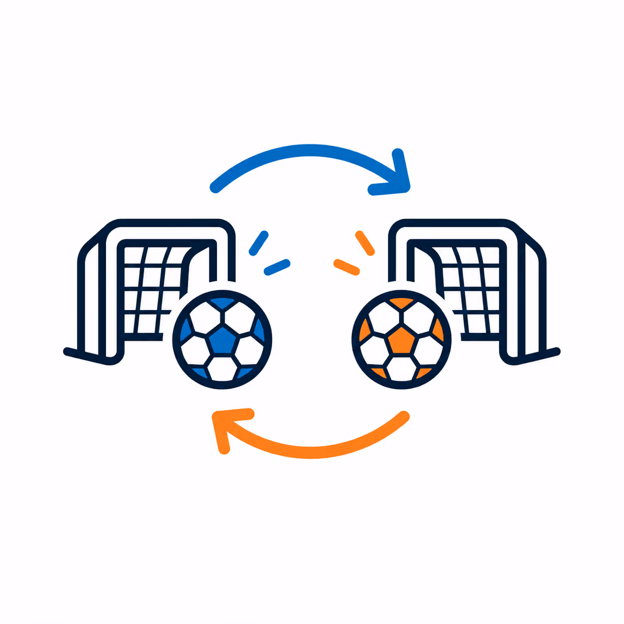 Two soccer goals with blue and orange balls and arrows indicating ball exchange between them.