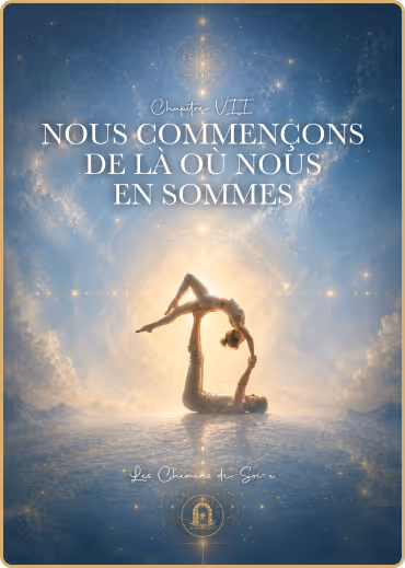 Deux personnes en posture de yoga miroir, entourées de lumière et d'étoiles, avec texte en français.