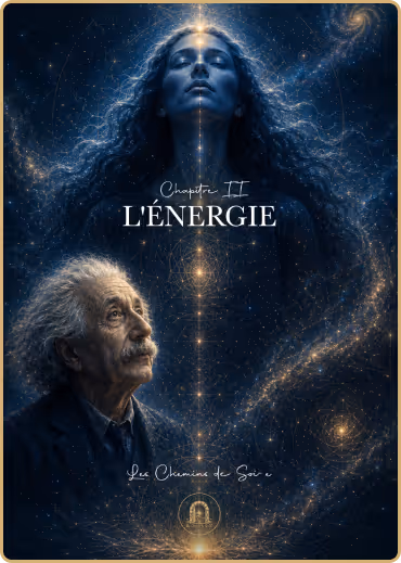 Portrait d'Albert Einstein regardant vers une silhouette féminine lumineuse dans un ciel étoilé.