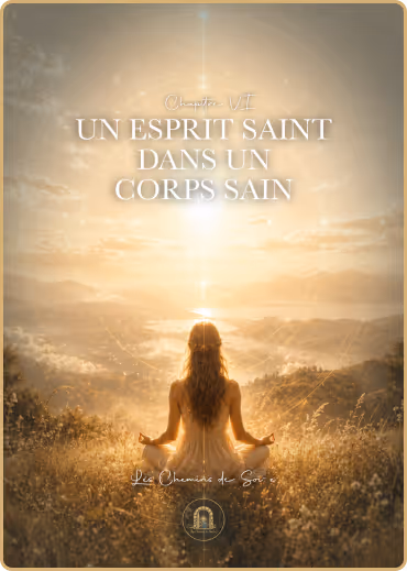 Femme méditant seule au lever du soleil dans un champ, lumière dorée et ciel nuageux.