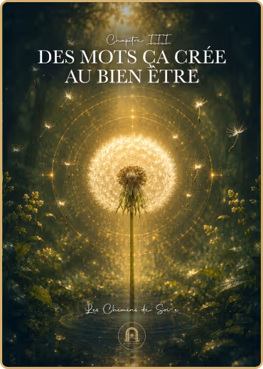 Pissenlit lumineux dans une forêt avec texte ‘‘Des mots ça crée au bien-être’’ en haut.