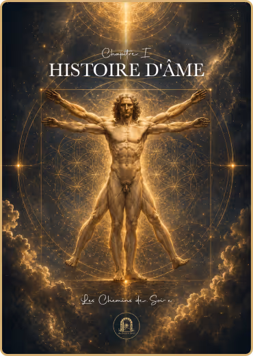 Représentation dorée d'homme en position de Vitruve entouré de motifs géométriques et lumière céleste.