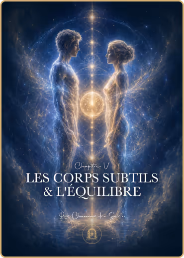Un homme et une femme lumineux face à face, entourés d'énergie, avec un globe lumineux entre eux.
