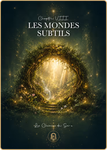 Portail naturel lumineux fait de feuilles et fleurs menant à une cascade dans une forêt enchantée.