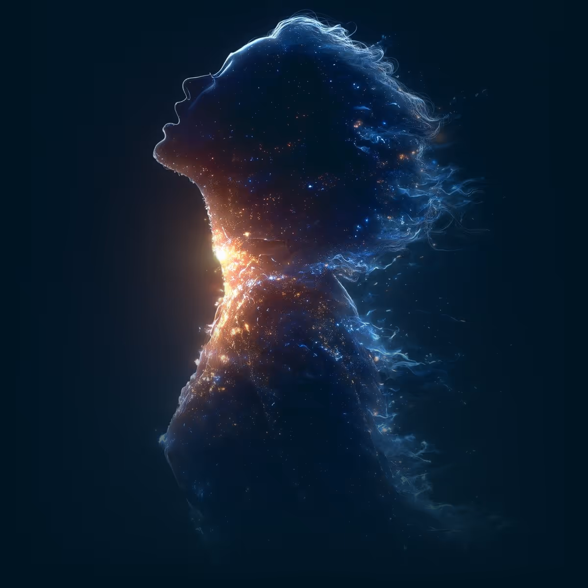Silhouette d'une femme éclairée par des lumières cosmiques bleues et orangées dans un fond sombre.