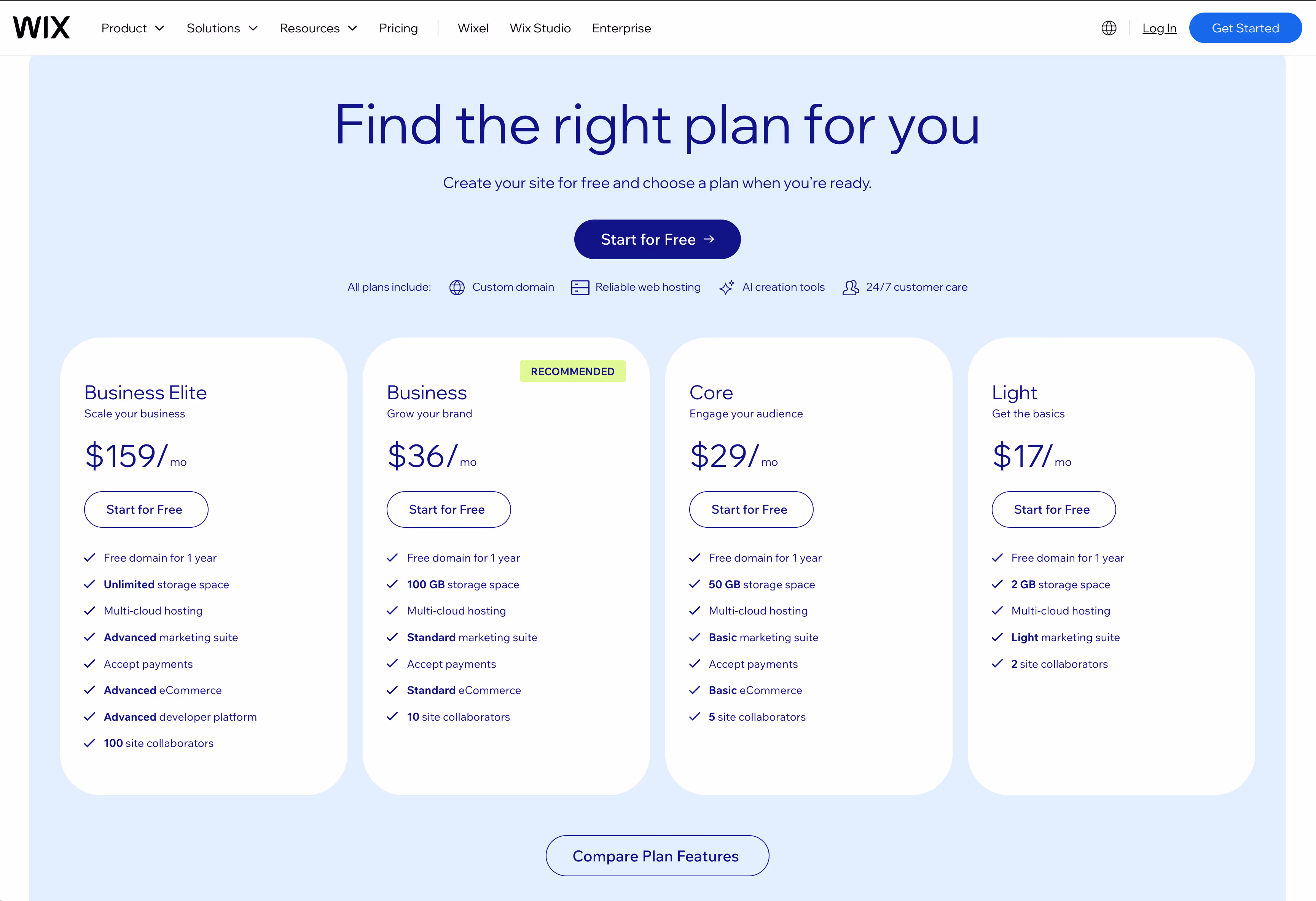 Plans tarifaires de Wix