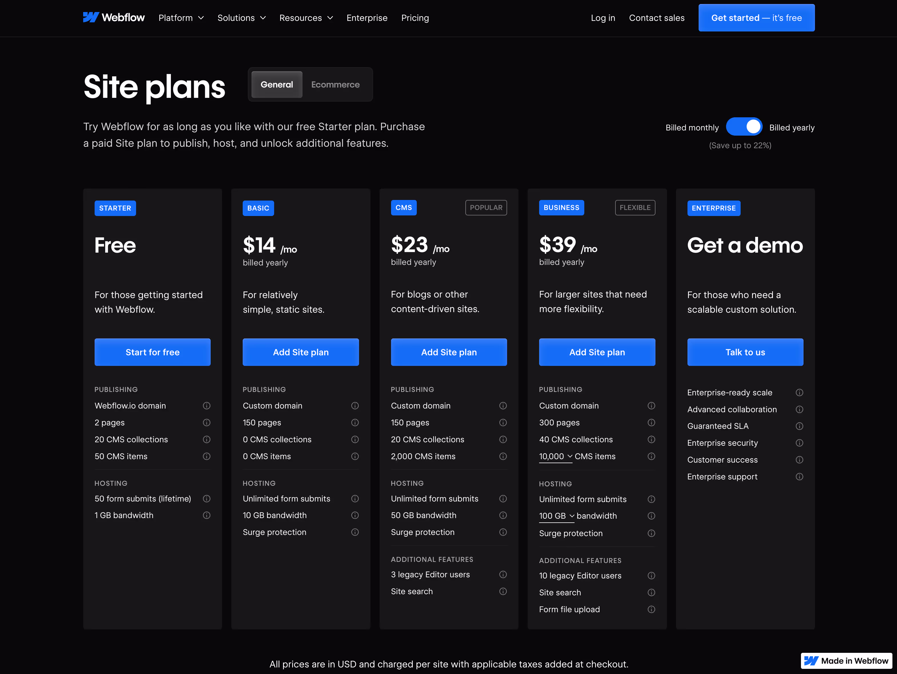 Plans tarifaires de Webflow