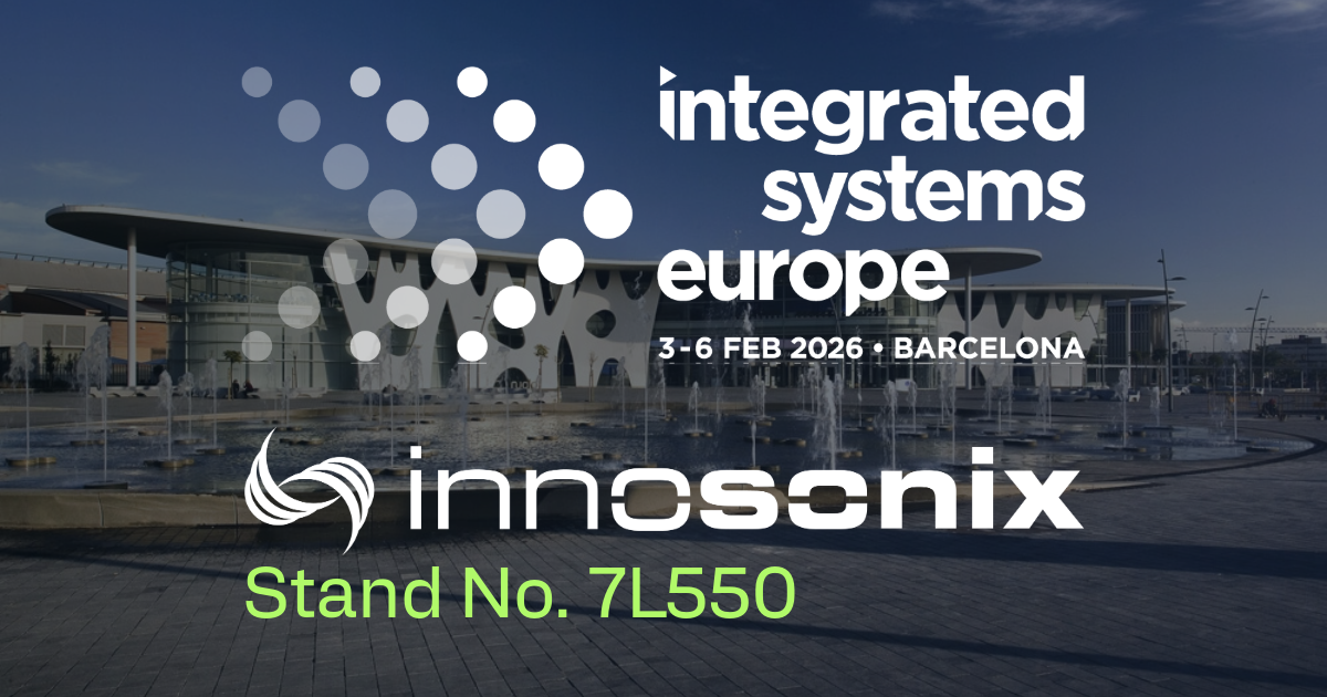 Innosonix Logo in front of the fira de barcelona with the dates for integrated systems europe 