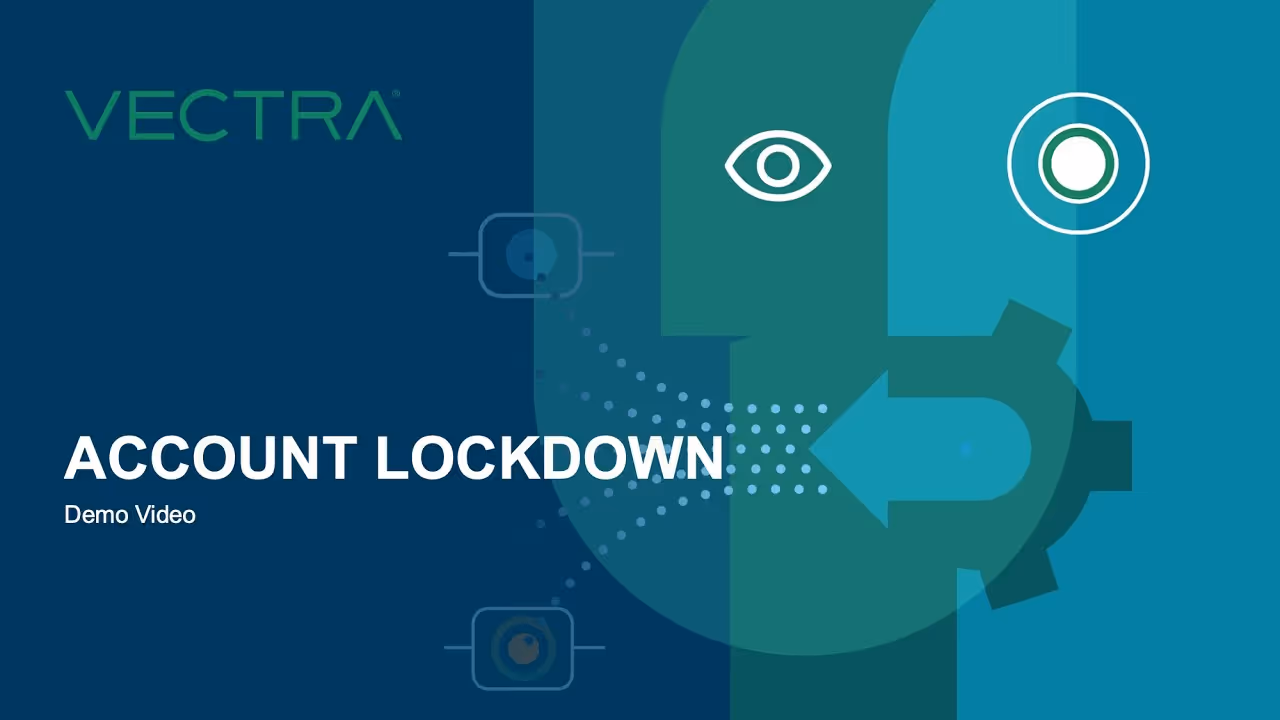 Imagen con el logotipo de Vectra y el texto «Vídeo de demostración del bloqueo de cuenta» junto a una cara estilizada e iconos de seguridad.