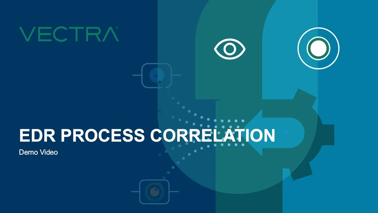 Marca Vectra con elementos gráficos y texto que dice «Vídeo de demostración de correlación de procesos EDR» sobre un fondo azul y verde azulado.