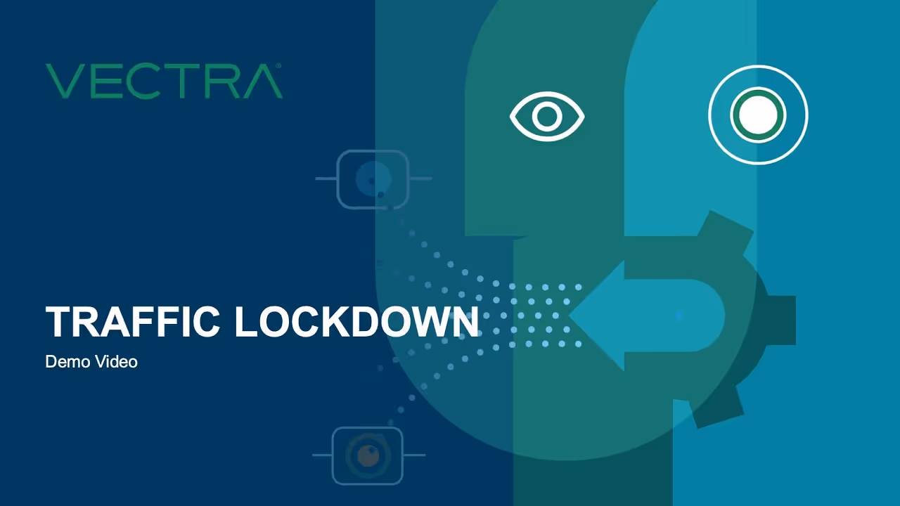 Imagen con el logotipo de Vectra, el texto «Vídeo de demostración de bloqueo del tráfico» y formas abstractas, entre las que se incluyen un símbolo de ojo y una flecha que apunta hacia la izquierda con elementos de engranaje.