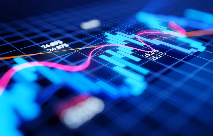 Close-up of a digital financial chart with glowing blue bar graphs and pink and orange trend lines on a dark grid background.