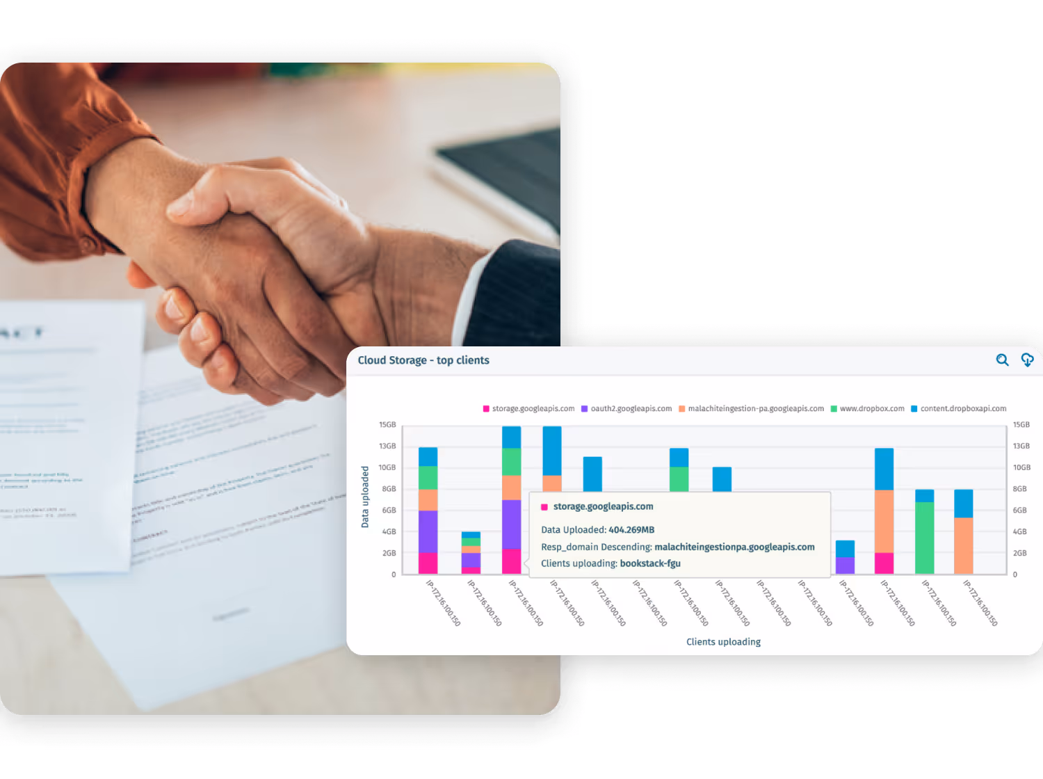Due persone che si stringono la mano su un tavolo con dei documenti, accanto a un grafico intitolato "Cloud - principali clienti" che mostra varie barre colorate che rappresentano i dati caricati dai diversi clienti.