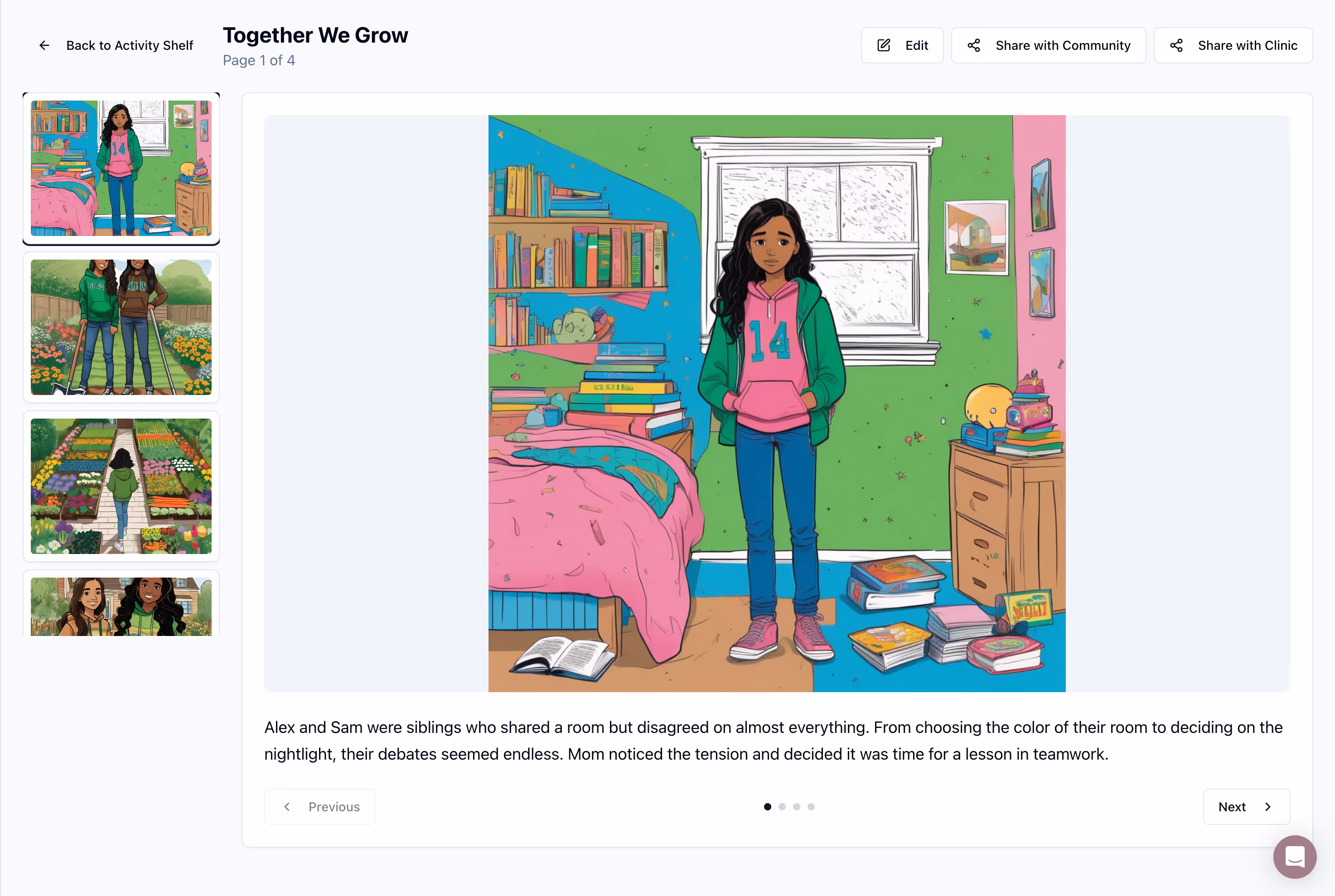 Illustration of a girl standing in a colorful bedroom with books scattered on the floor and shelves, wearing a green hoodie and pink shoes.