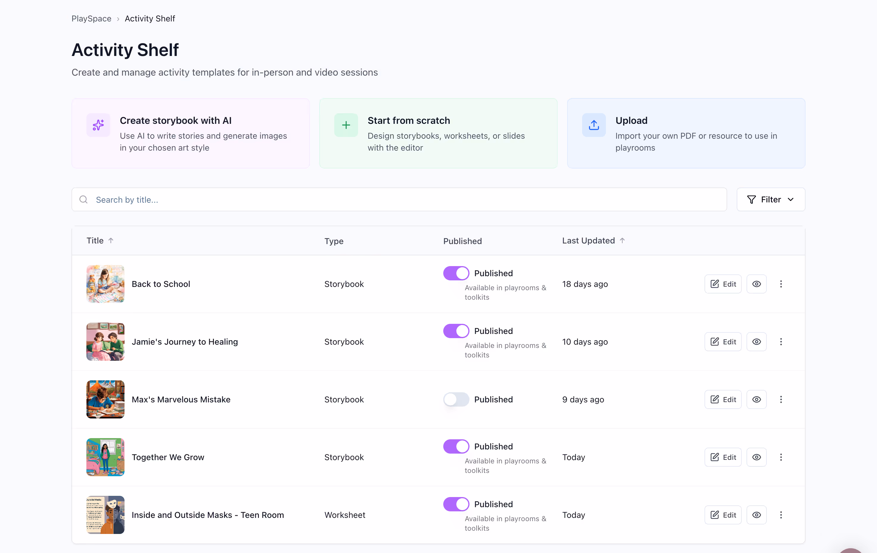 User interface of Activity Shelf showing options to create storybook with AI, start from scratch, or upload PDF, with a list of storybook and worksheet templates, their published status, and last updated dates.