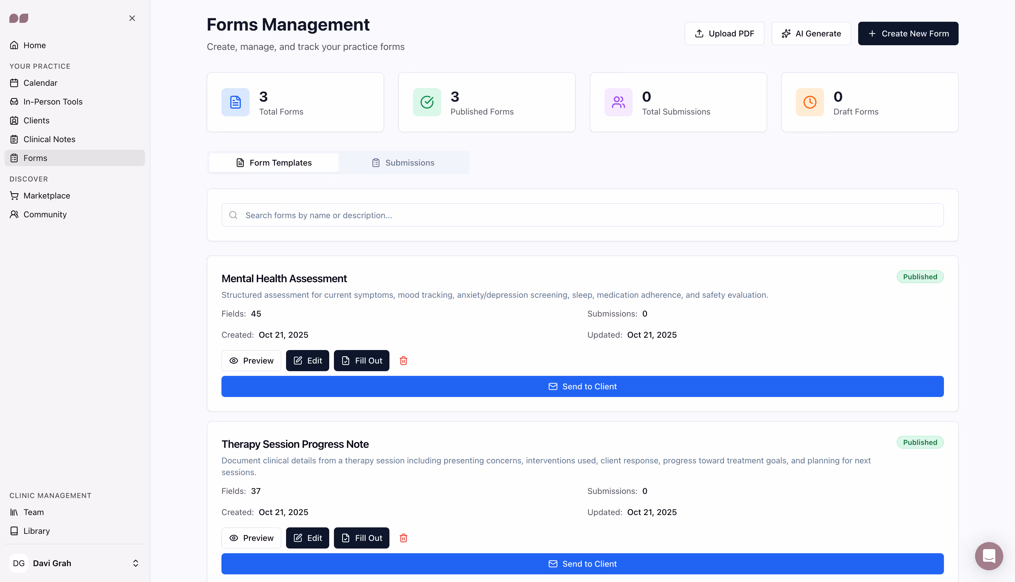 Dashboard for Forms Management showing 3 total and published forms, 0 submissions and drafts, with a list of two published forms: Mental Health Assessment and Therapy Session Progress Note, each with details, preview, edit, fill out, delete, and send to client options.
