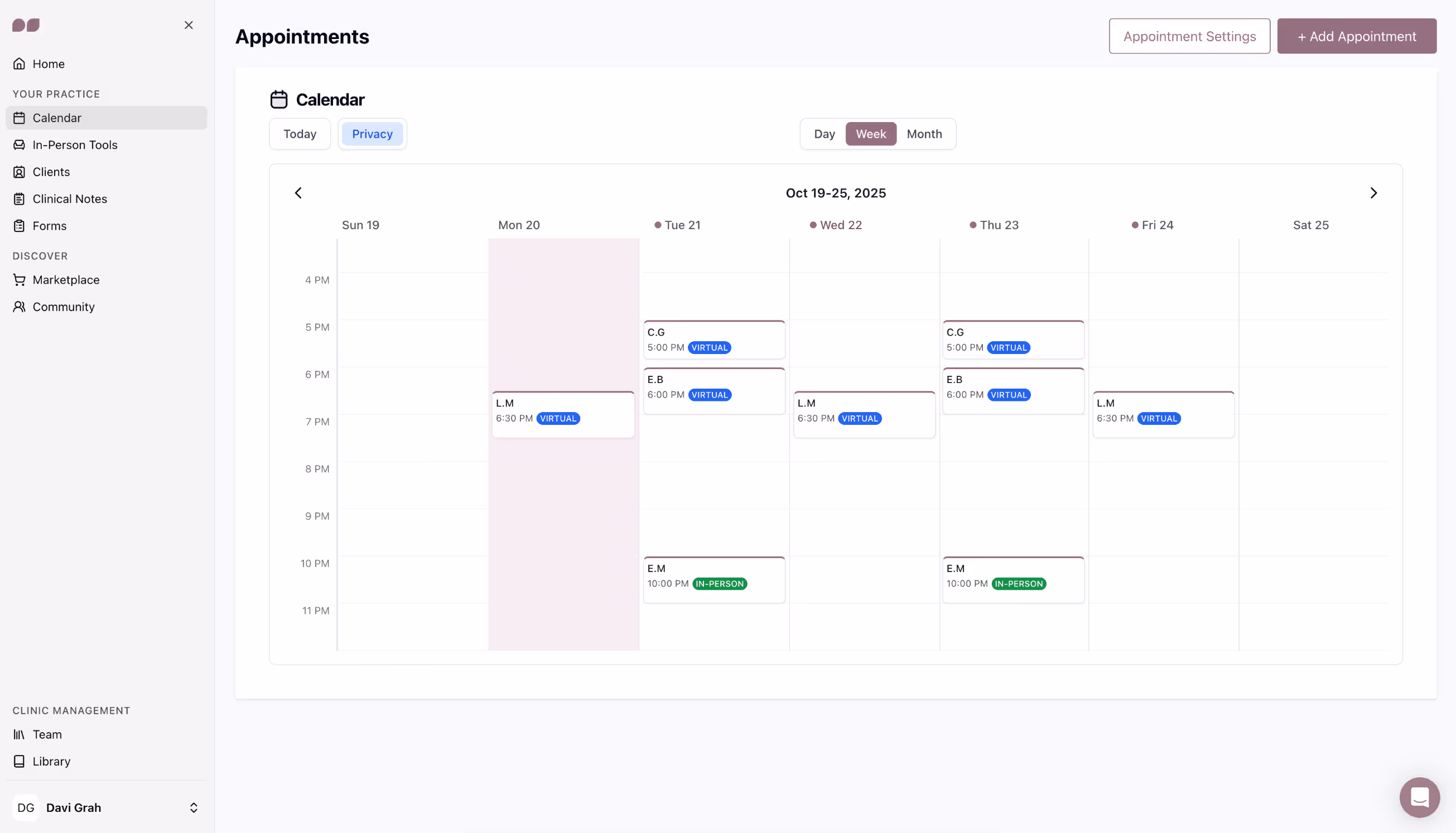 Weekly appointment calendar from October 19 to 25, 2025, showing virtual and in-person appointments for clients C.G, E.B, L.M, and E.M from 5 PM to 10 PM on selected days.