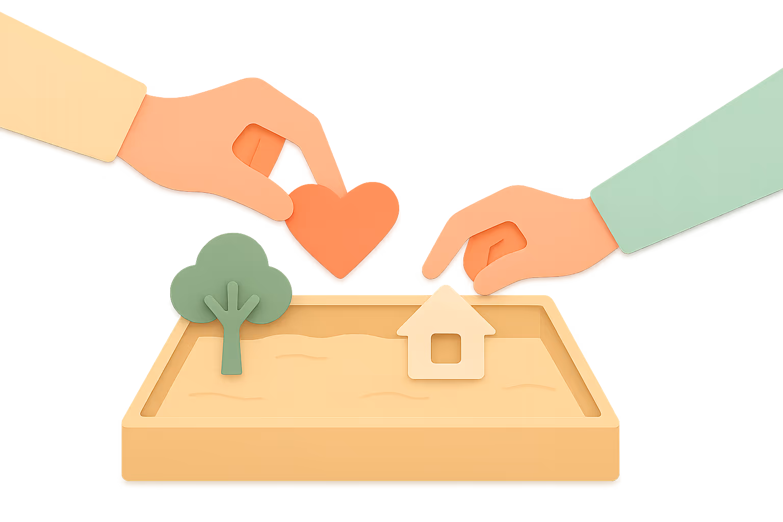 Two hands placing a heart and a house icon on a sandbox with a tree icon.