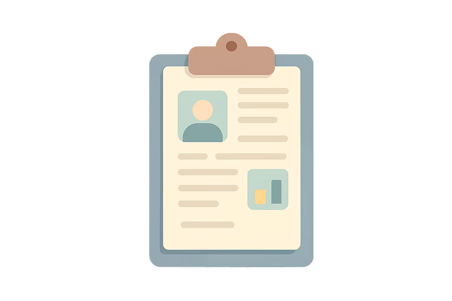 Illustration of a clipboard holding a document with a user profile icon and a small bar chart.