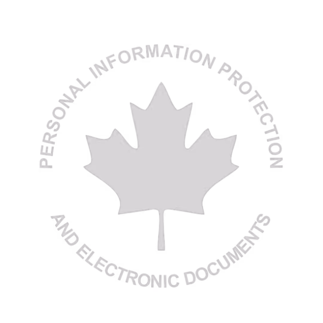 Gray maple leaf surrounded by the text 'Personal Information Protection and Electronic Documents' in a circular layout. Its a PIPEDA badge.