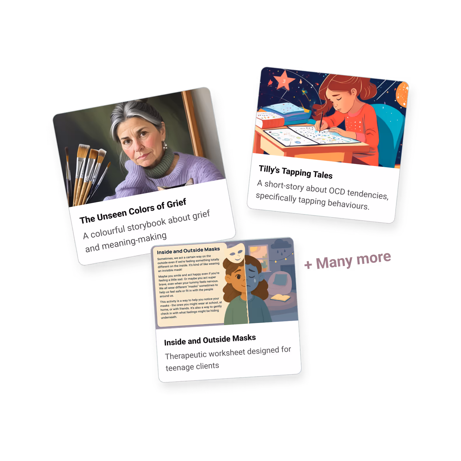 Three cards highlighting mental health resources: a woman with paintbrushes for a grief storybook, a girl writing for an OCD tapping story, and a therapeutic worksheet titled Inside and Outside Masks for teens.