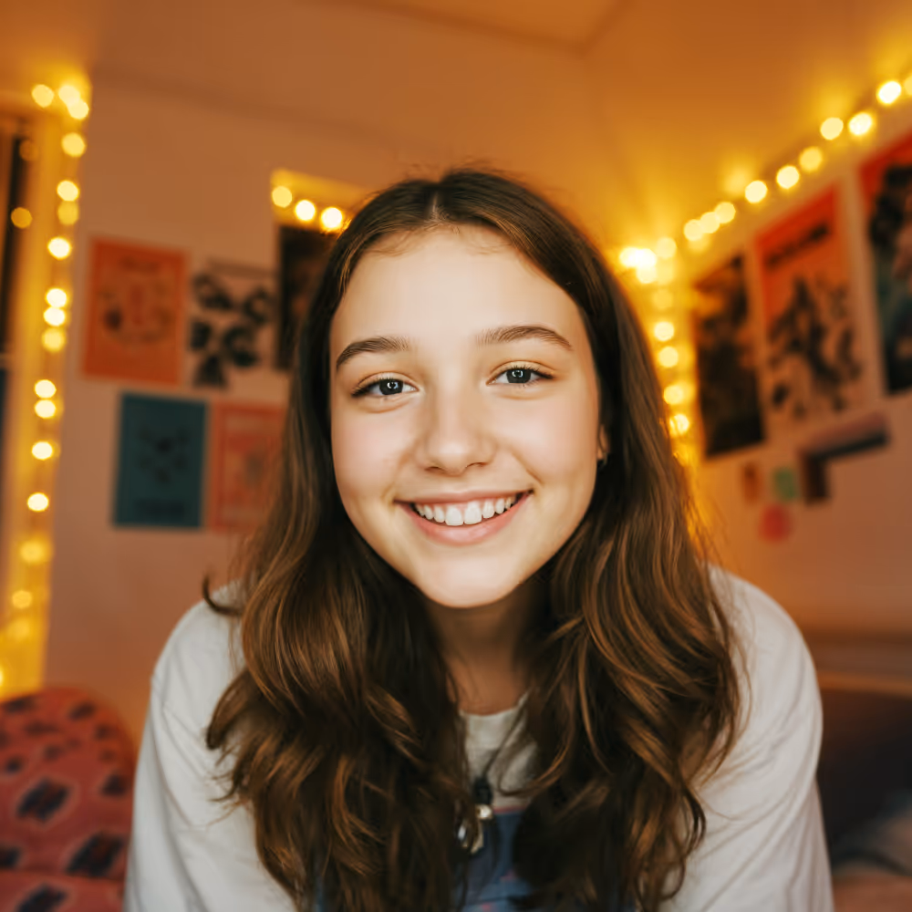 Smiling teenage girl with wavy brown hair in a warmly lit room decorated with string lights and colorful posters.