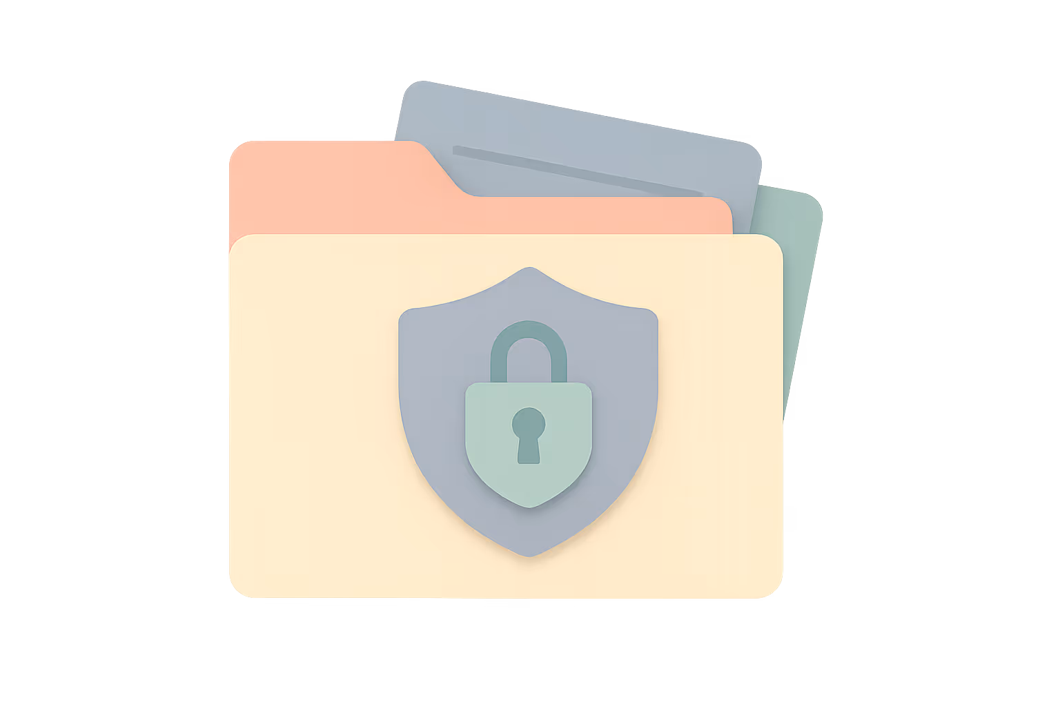 Three file folders layered together with a shield and lock icon symbolizing data security on the front folder.