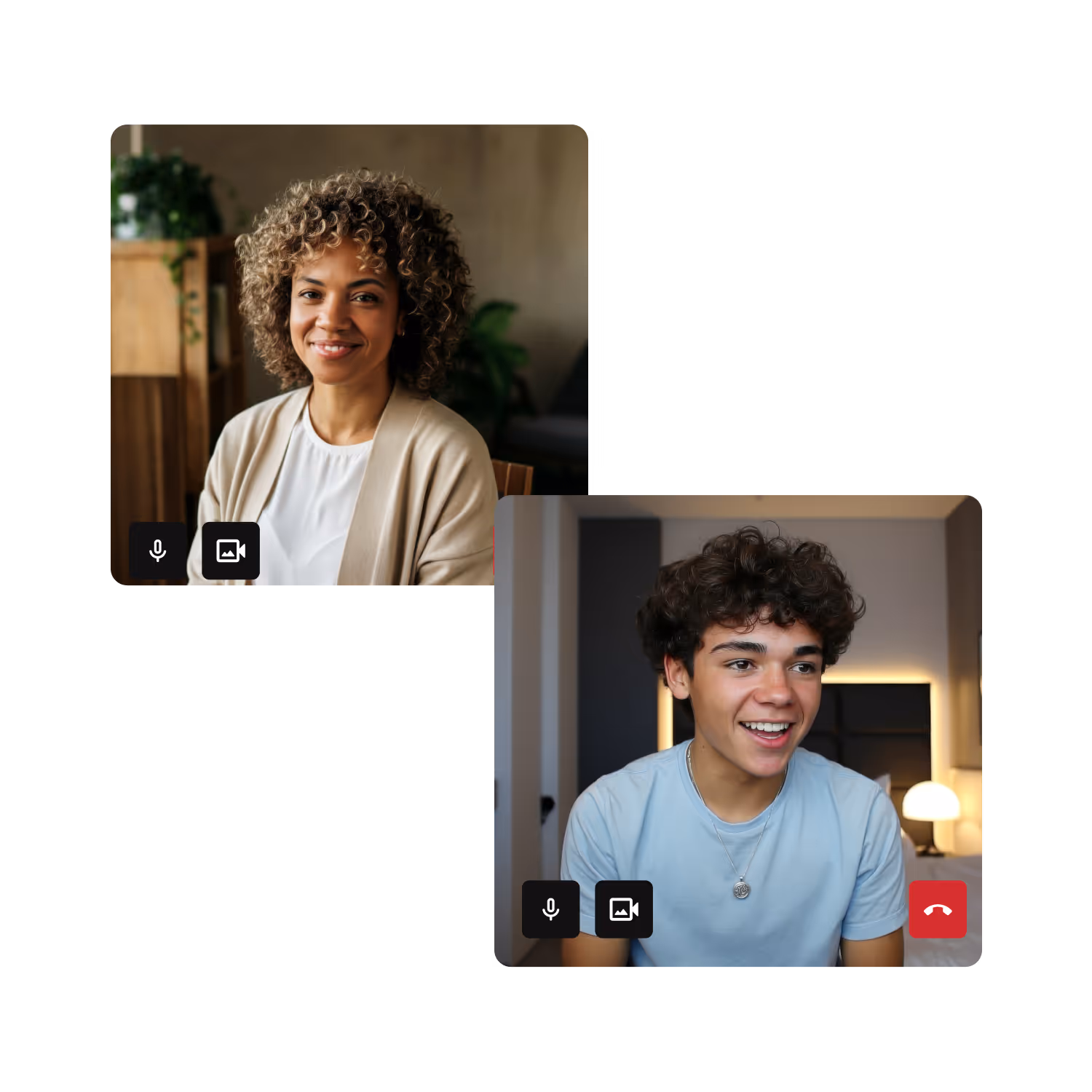 Two people smiling during a video call, one woman with curly hair in a beige cardigan and one young man with dark curly hair wearing a light blue shirt.