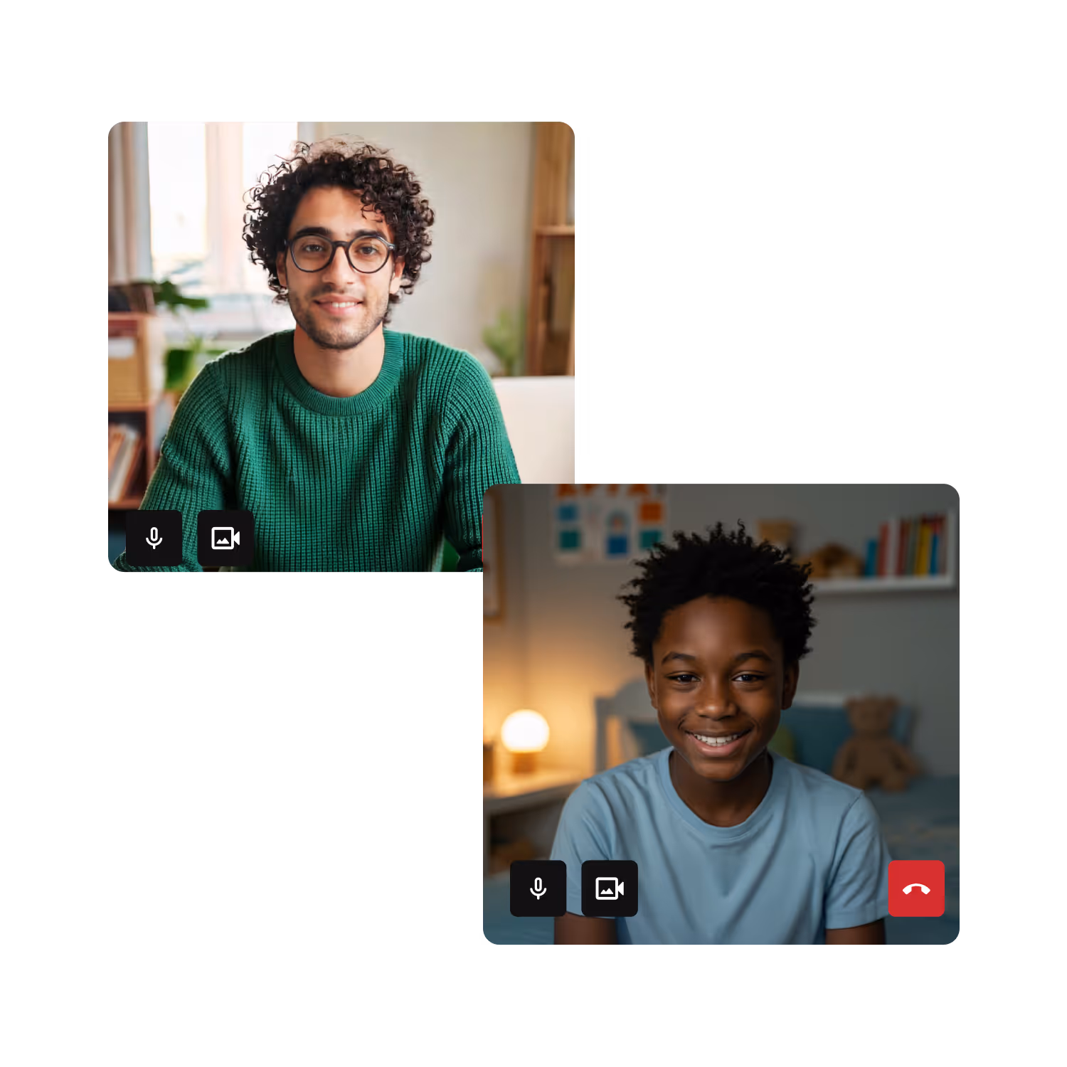 Two people video chatting: a man with curly hair and glasses in a green sweater and a smiling boy in a blue t-shirt in a cozy room.