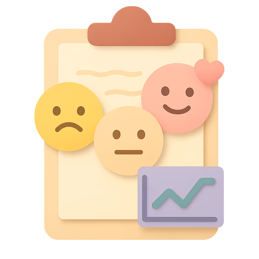 Clipboard with three emoticons showing sad, neutral, and happy expressions, and a small graph representing data analysis.