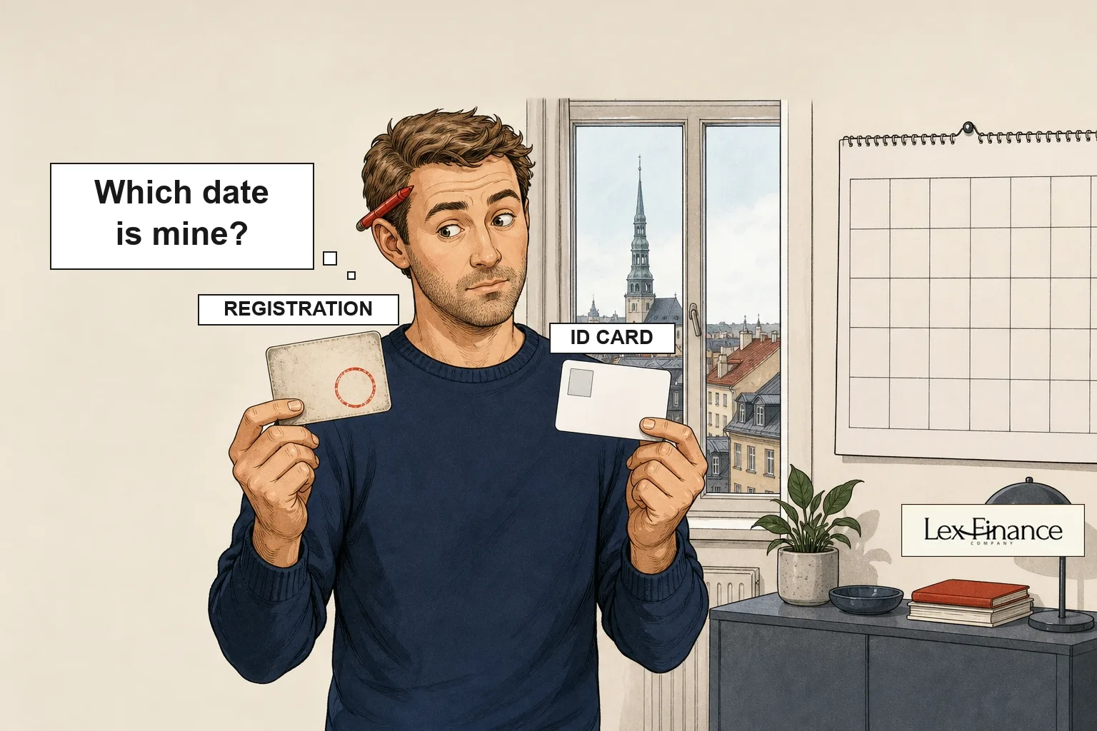Latvian residence permit term: a man compares an old card with a registration stamp and a new ID card