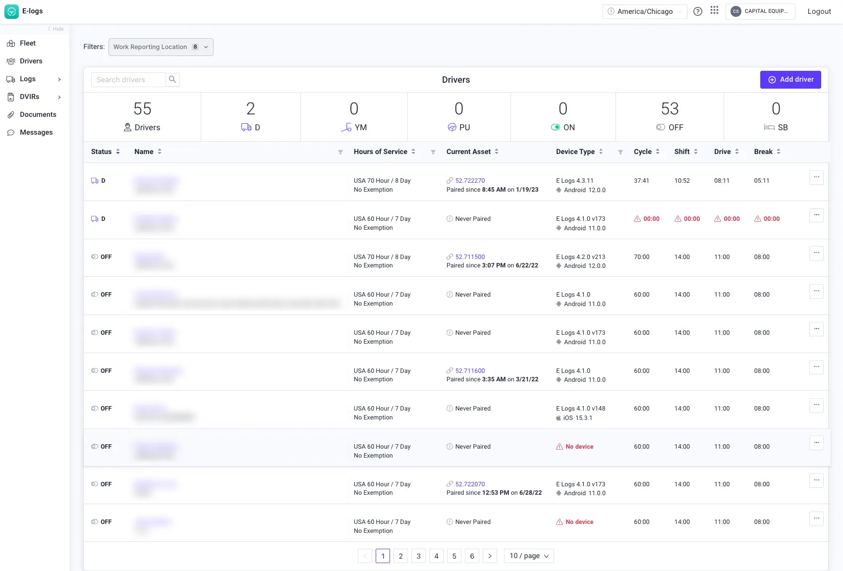 E-Logs Drivers screen