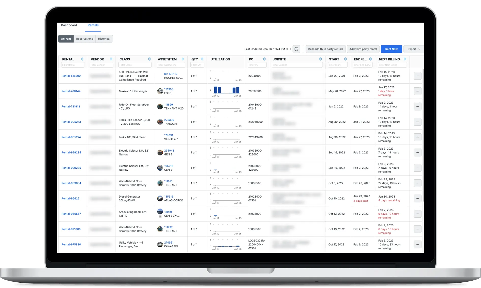 T3 Fleet showing the Rentals screen on a laptop.
