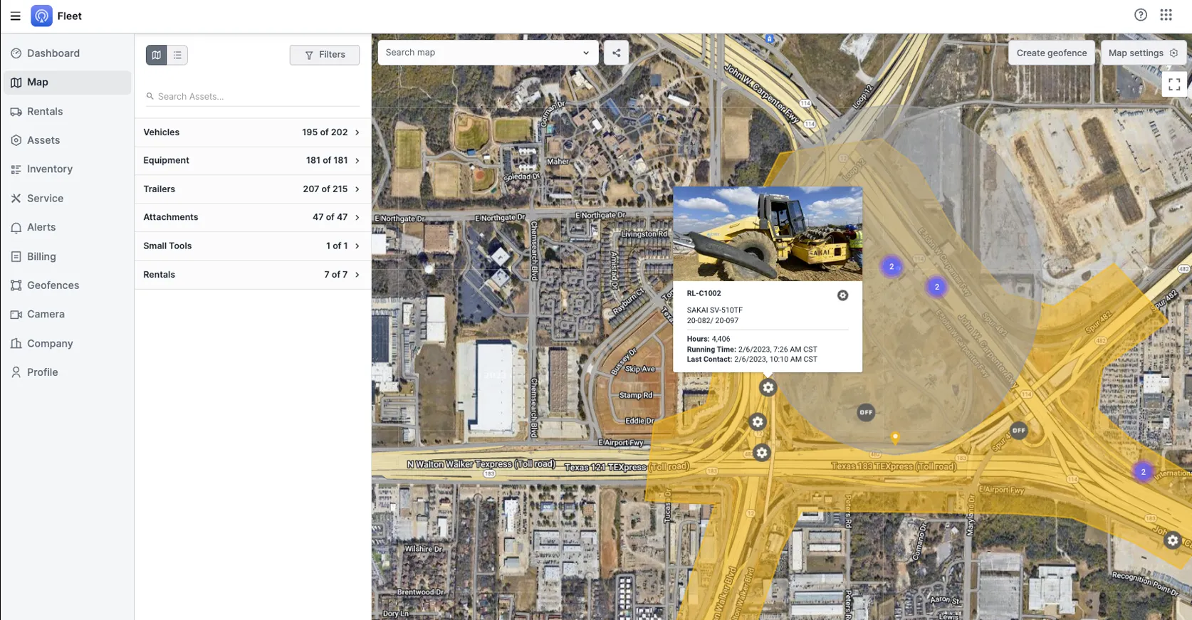 T3 Fleet map showing location and data about equipment.
