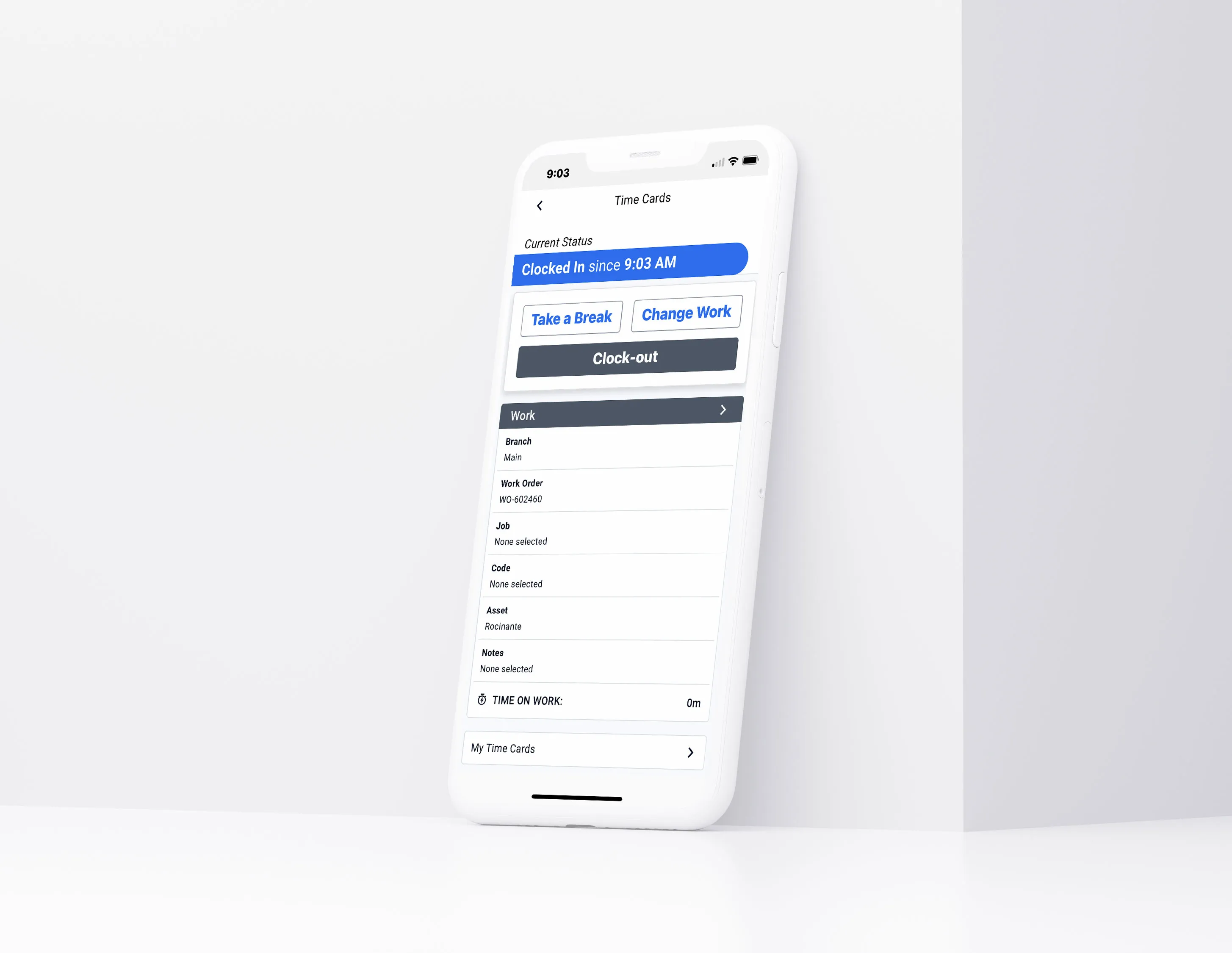 white Smartphone showing Time Cards screen.