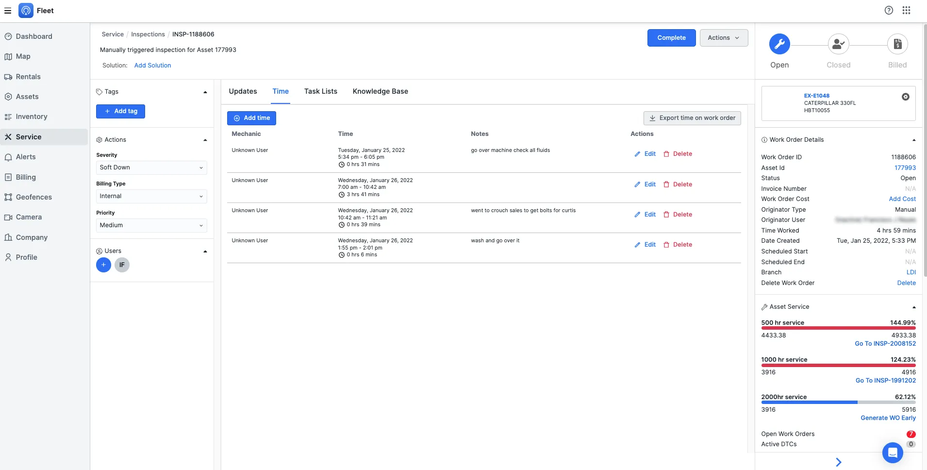 Fleet work order inspection screen.