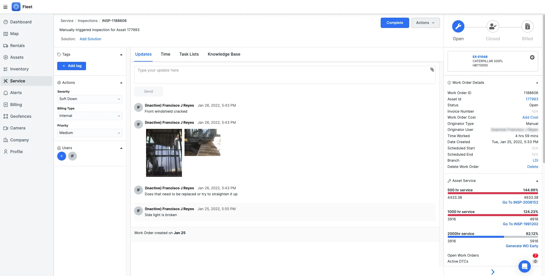 Fleet work order inspection screen.