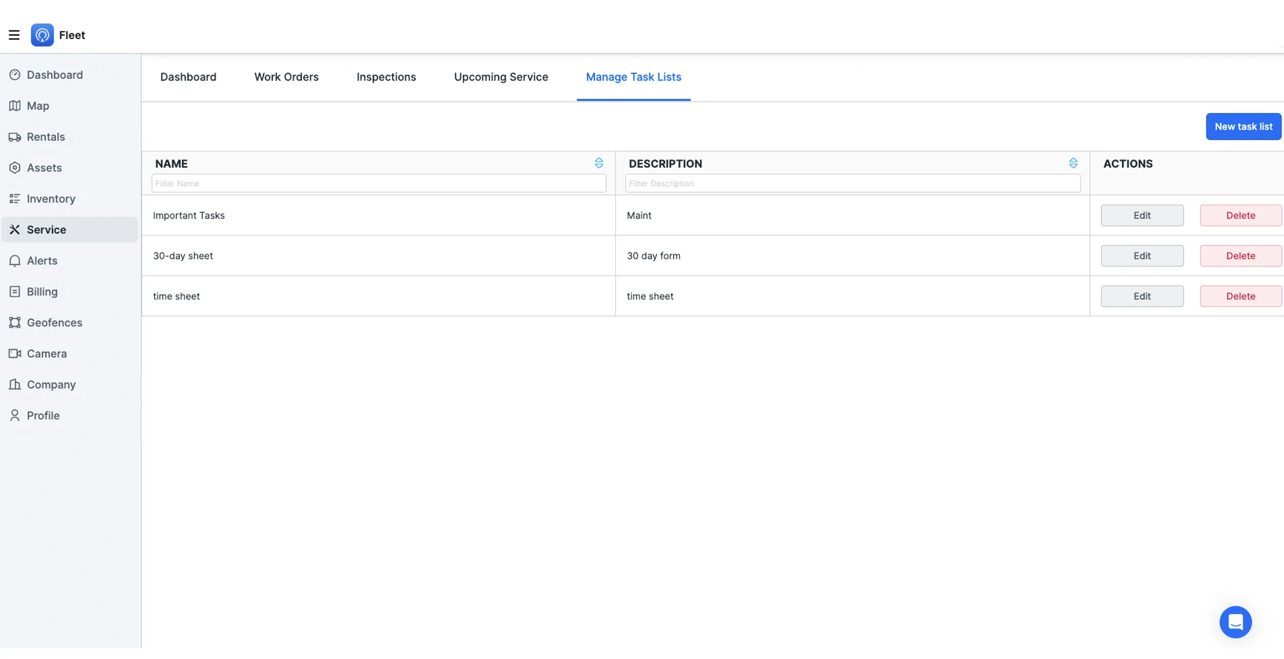 fleet tasks list screen.