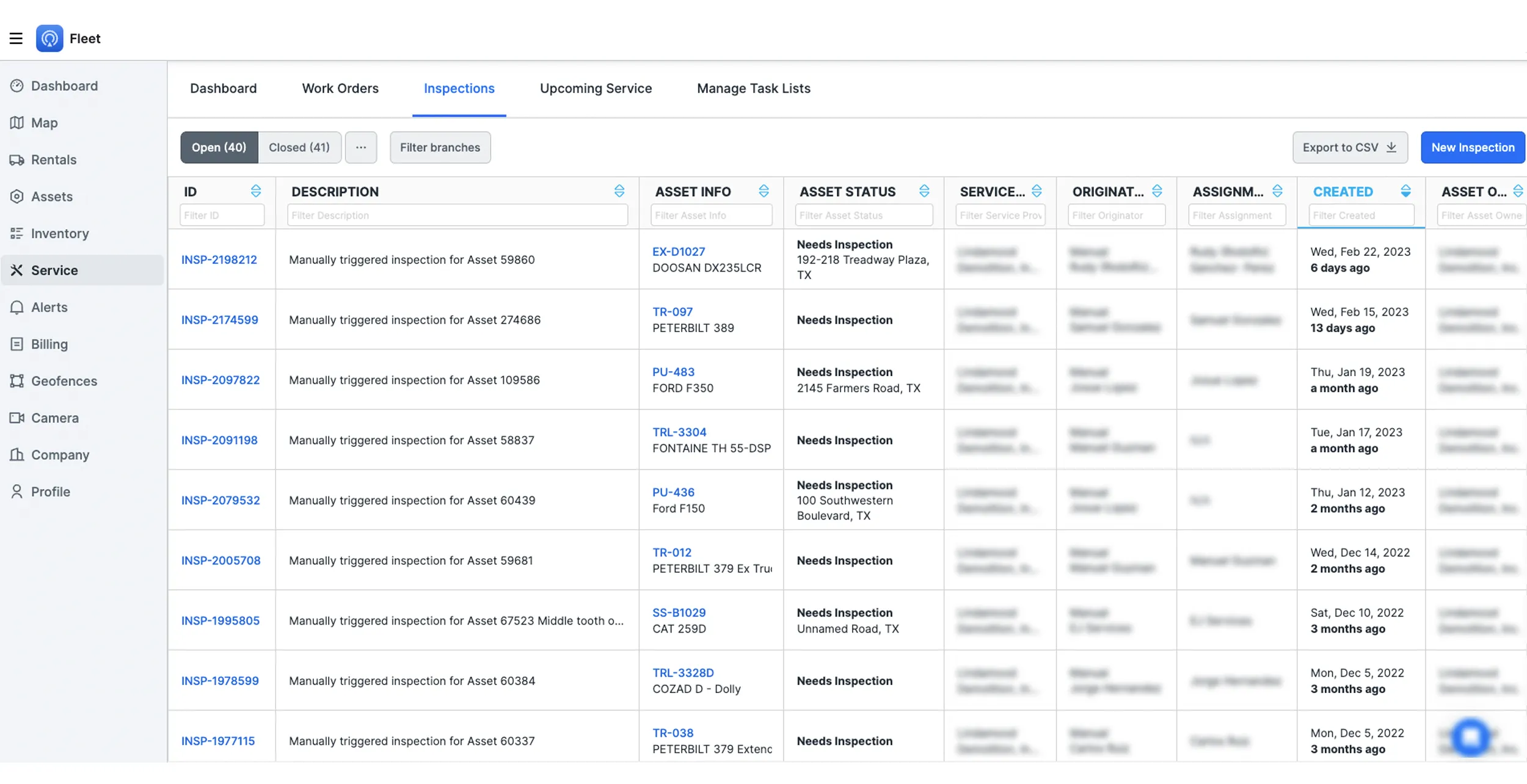 Fleet Service inspections list.