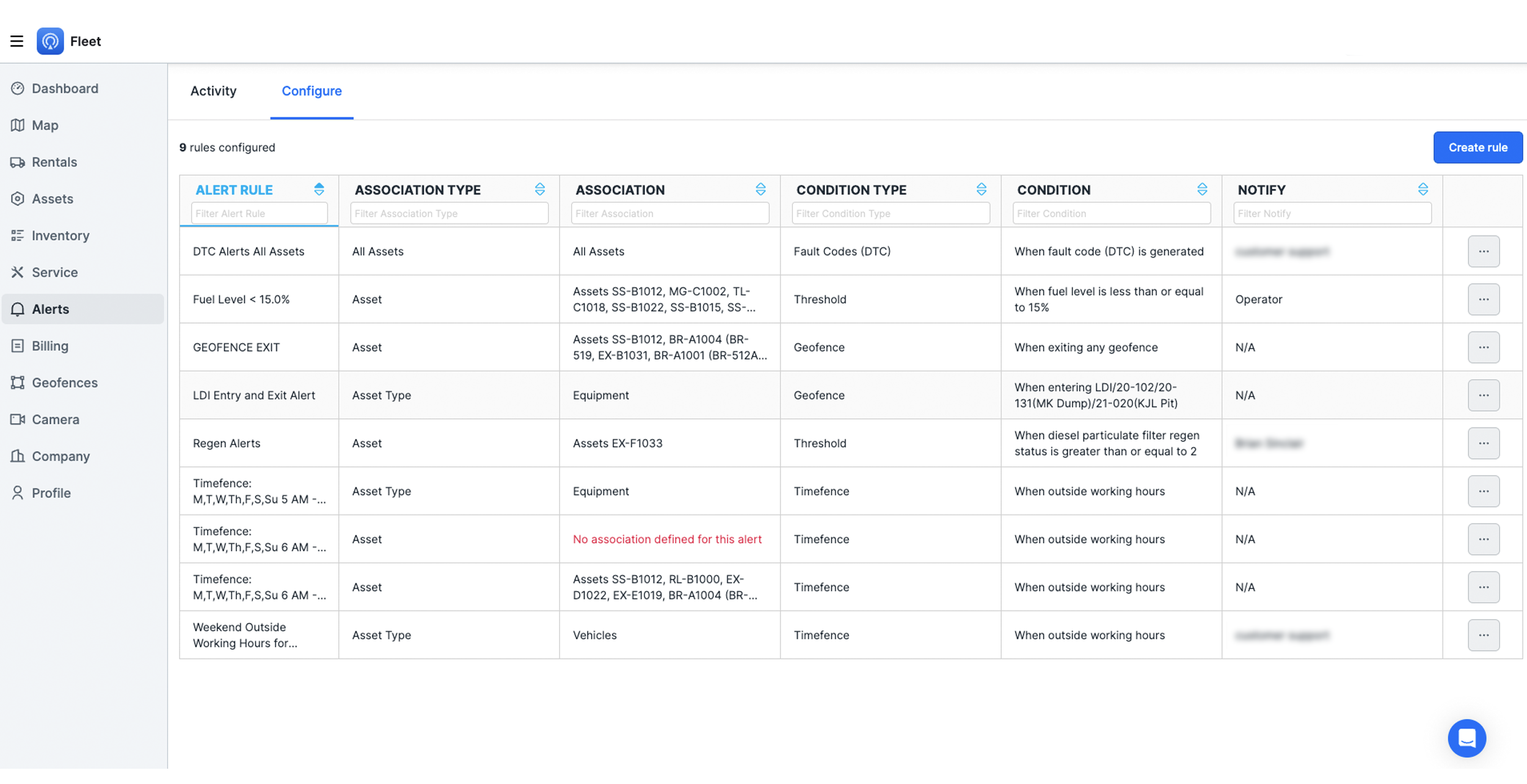 Fleet Alerts Configure screen.
