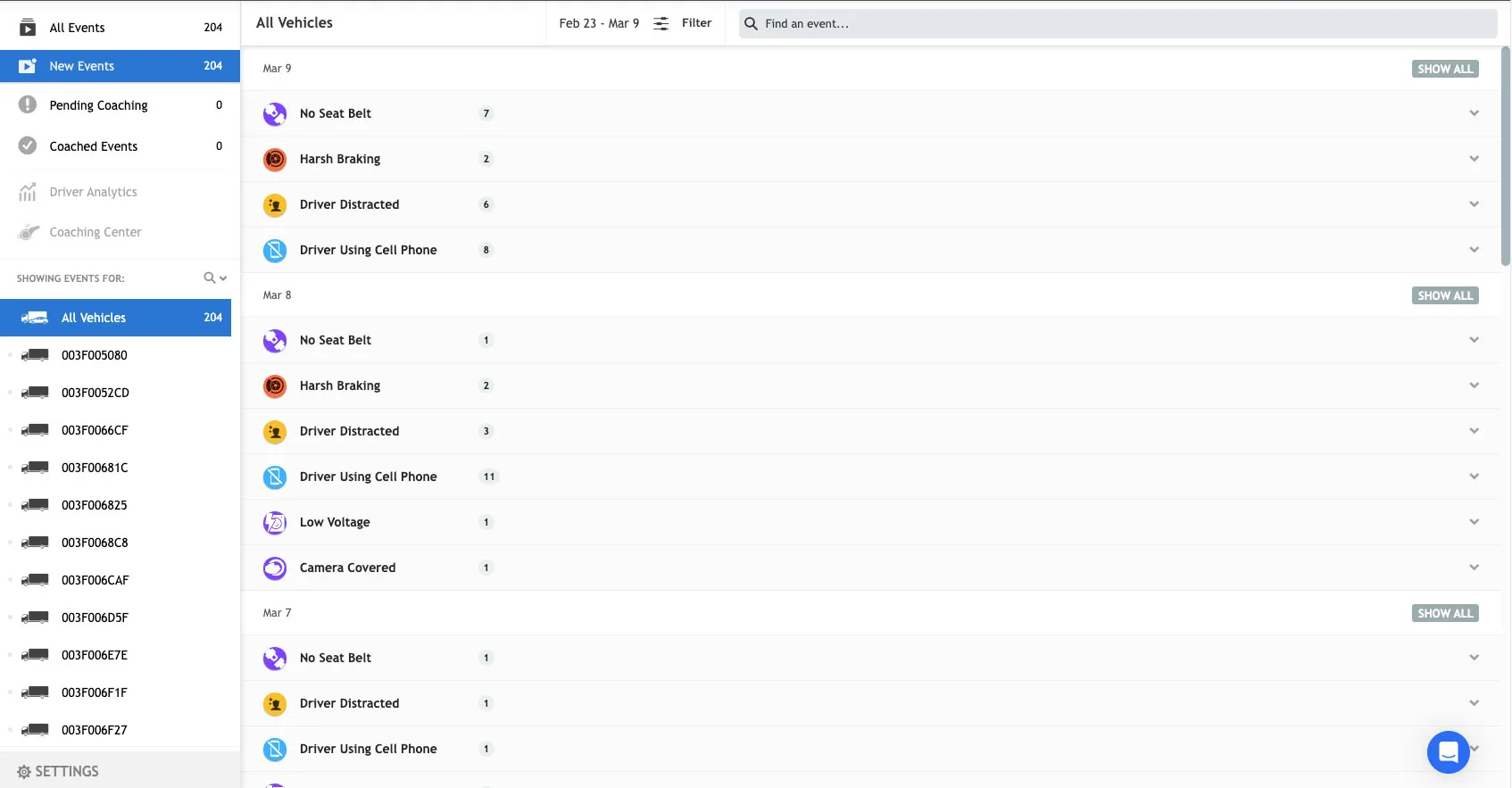 fleet Cameras All Vehicles screen.