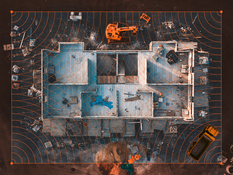 top down image of construction site over laid with data points.