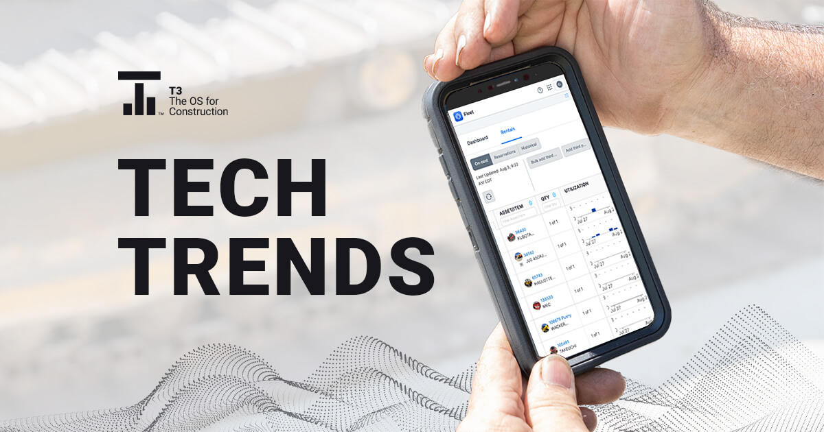 Text: Tech Trends Image: Smart phone with equipment information displayed