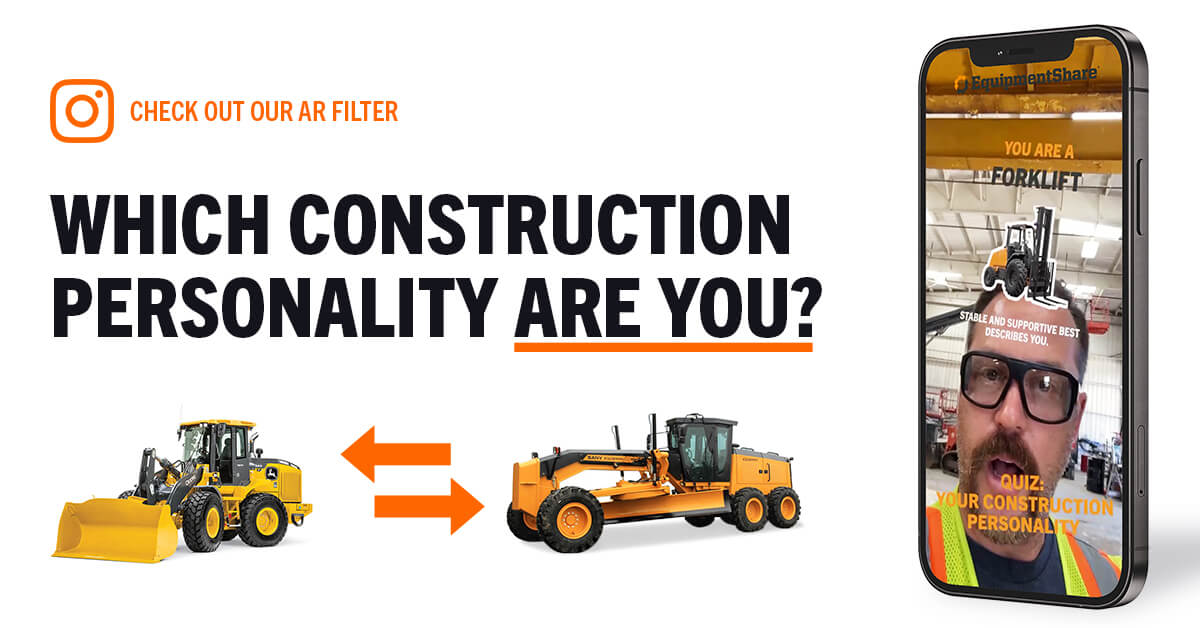 Image of AR Filter quiz game being used on a cell phone with text saying "Which Construction Personality Are You?"