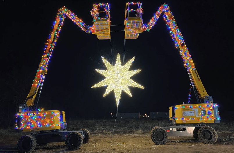 Holiday lights at EquipmentShare home office