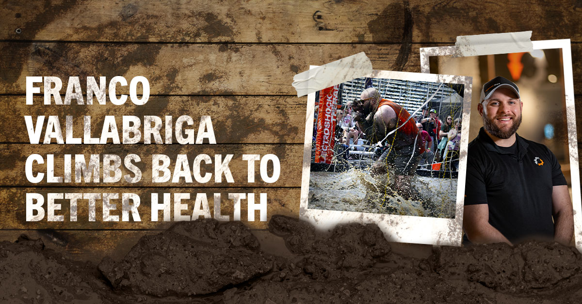 Side by side photos of Franco participting in the Tough Mudder race and his work profile photo