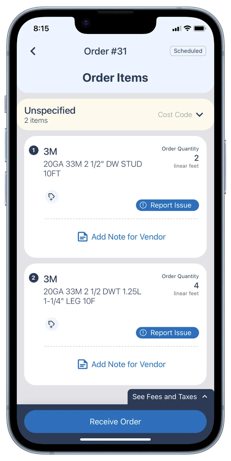You can receive materials in our mobile just by taking a picture of the packing slip. You can also report by tapping on the individual items.